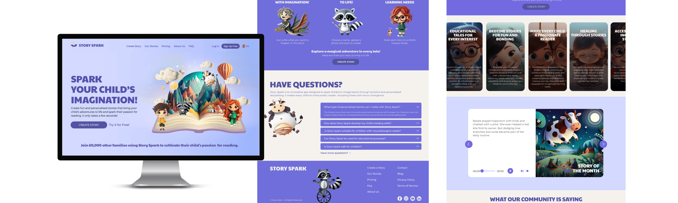 Redesigned Story Spark homepage shown on a desktop browser.