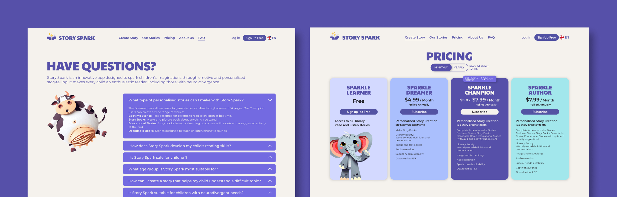 Redesigned pricing and FAQ screens.