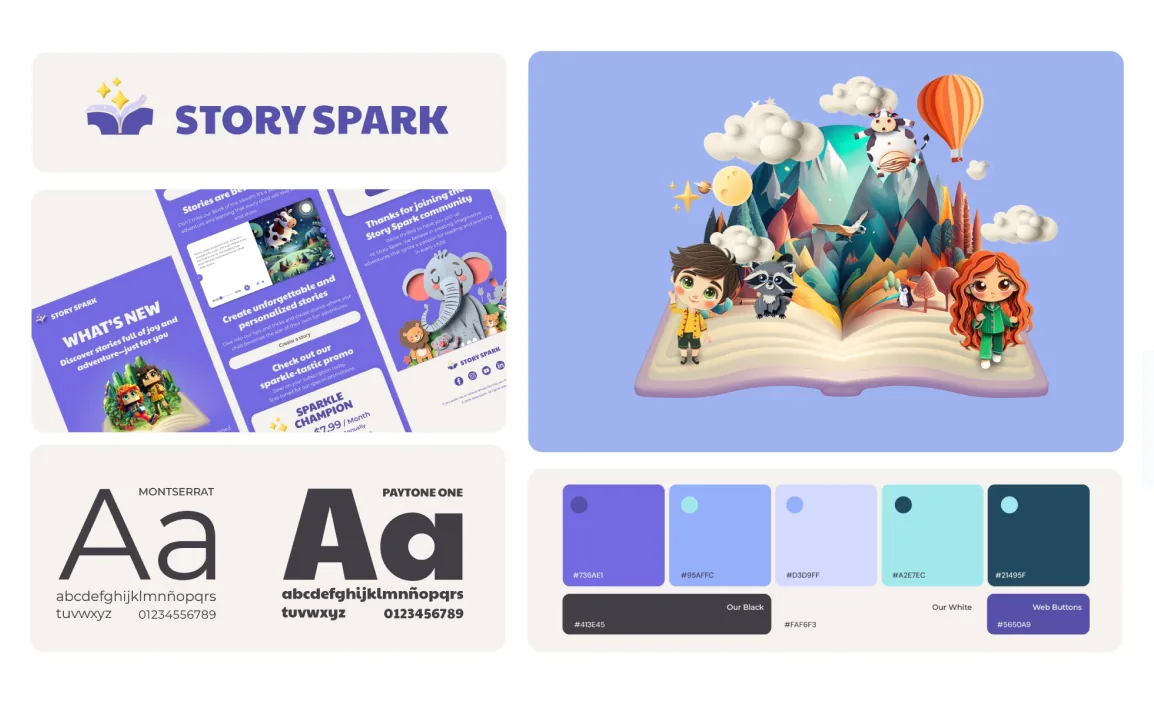 Story Spark brand board: logo, app screens, pop-up book artwork, Montserrat and Paytone One type, and the colour palette