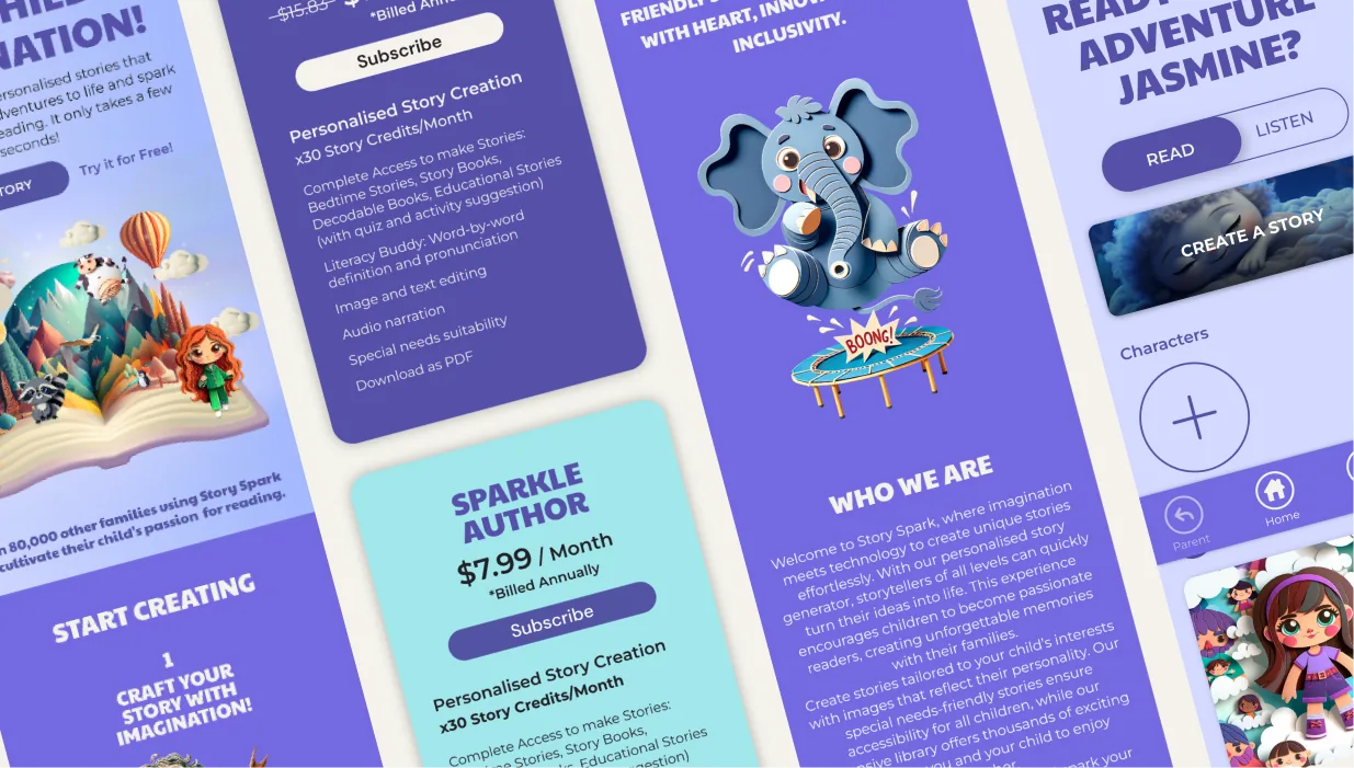 Tilted montage of Story Spark app screens: story creation, subscription tiers and the Sparkle Author plan