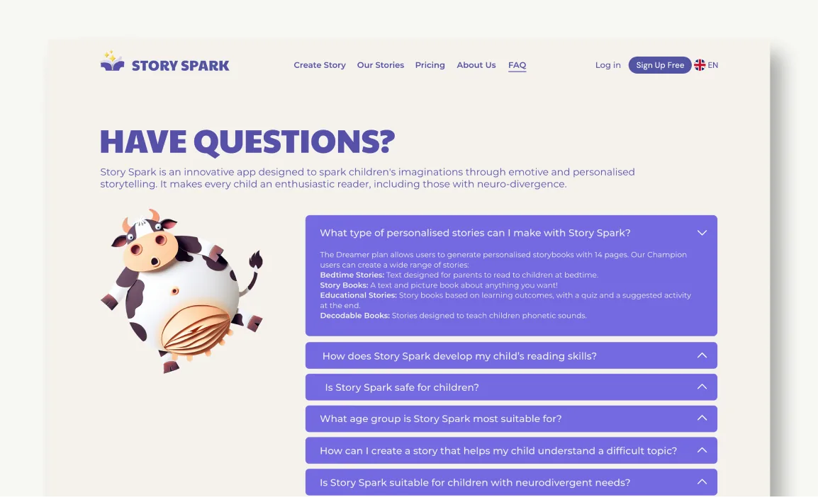 The redesigned FAQ page, with the Story Spark cow character alongside the questions