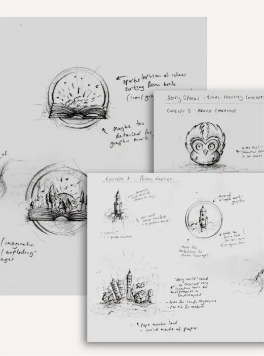 Pencil concept sketches exploring the Story Spark identity: sparking book, brand character and pencil-rocket routes