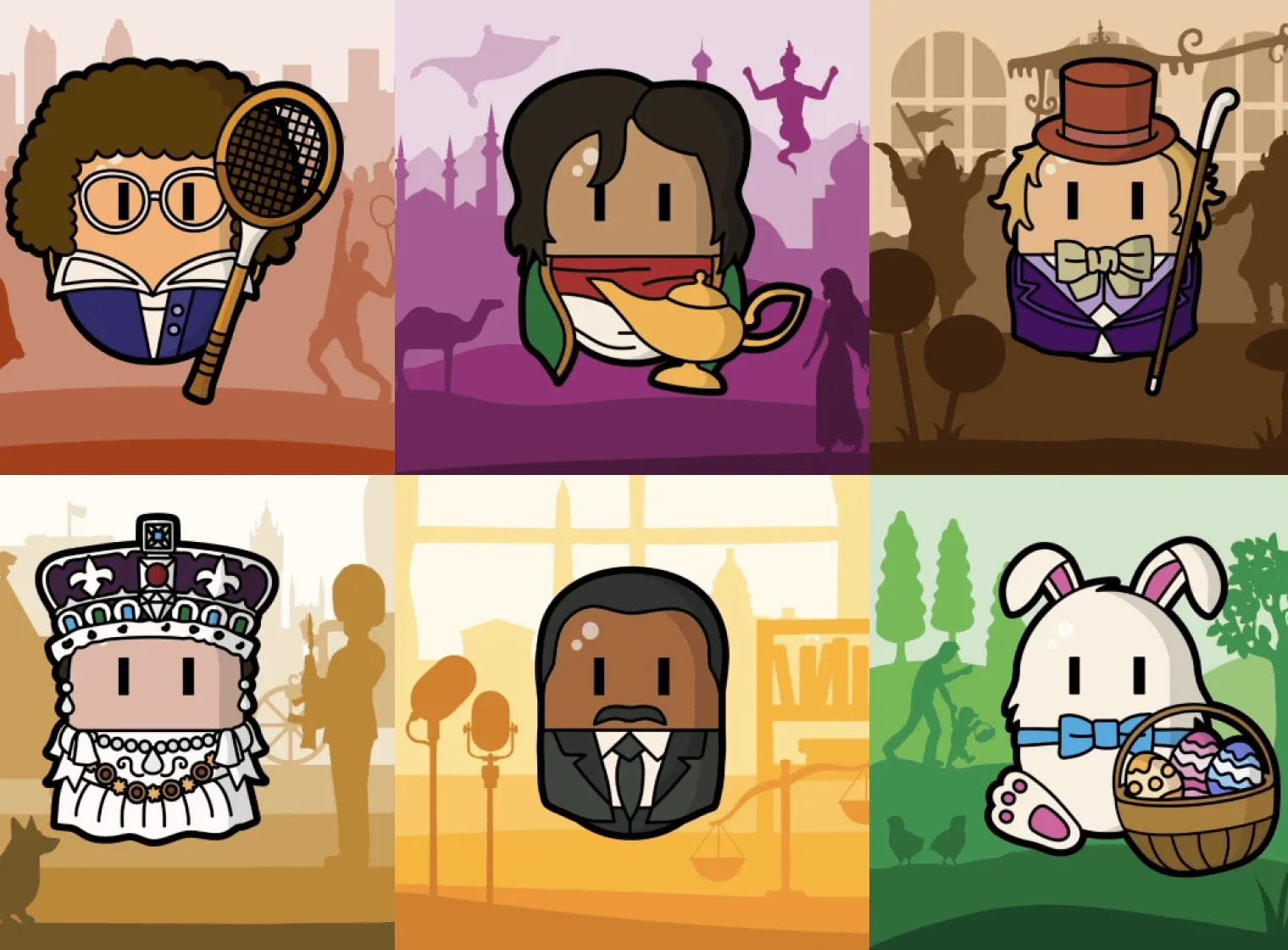 A grid of hand-drawn ebods digital collectibles featuring iconic historical and cultural figures