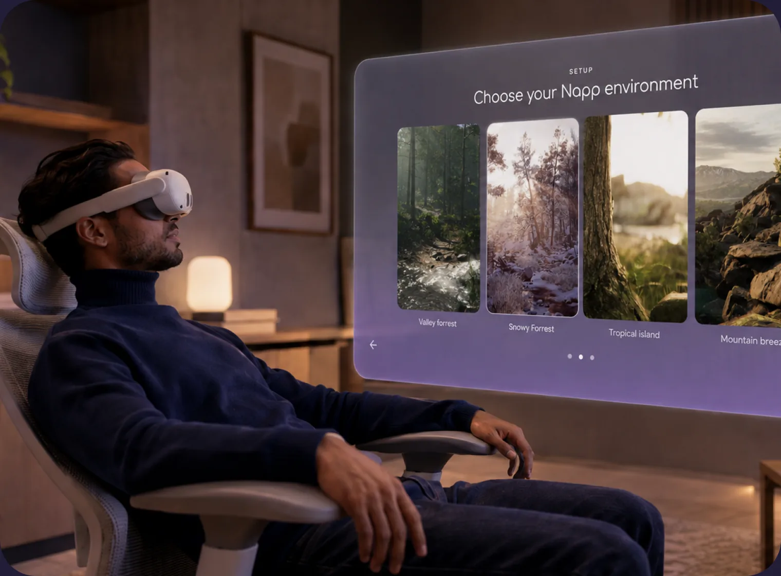 A man reclining with a VR headset choosing a Napp rest environment