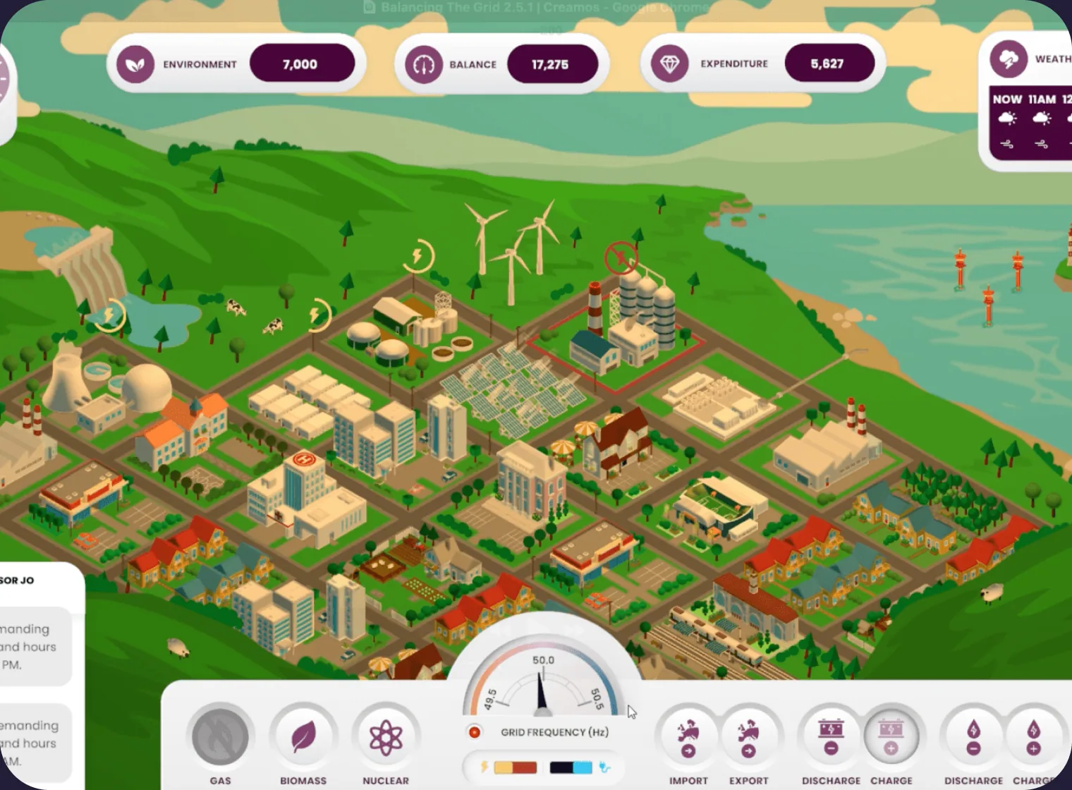 The Balancing the Grid isometric game map with wind turbines, homes and the frequency dial