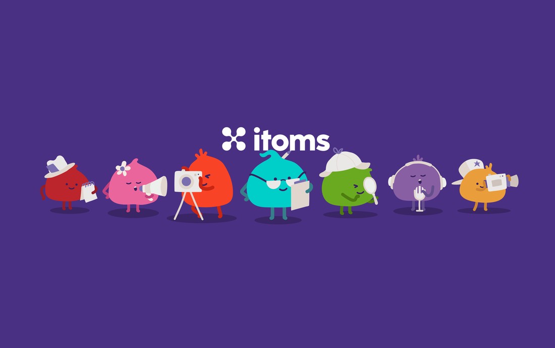 The itoms wordmark above the full line-up of itom-type characters